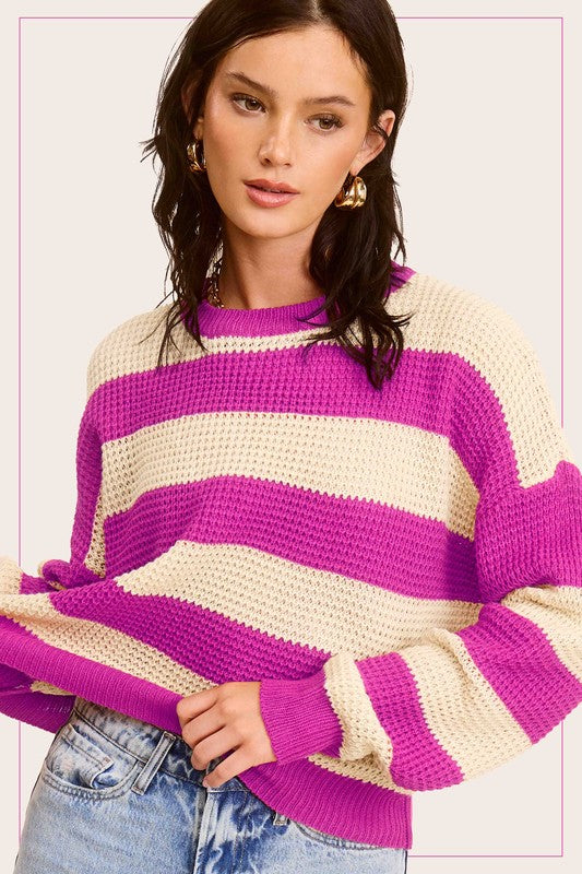 Striped Round Neck Loose Fit Sweater - Classique Collection