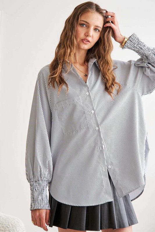 ADORA High-Low Striped Button Down Smocked Lantern Sleeve Shirt - ClassiQ