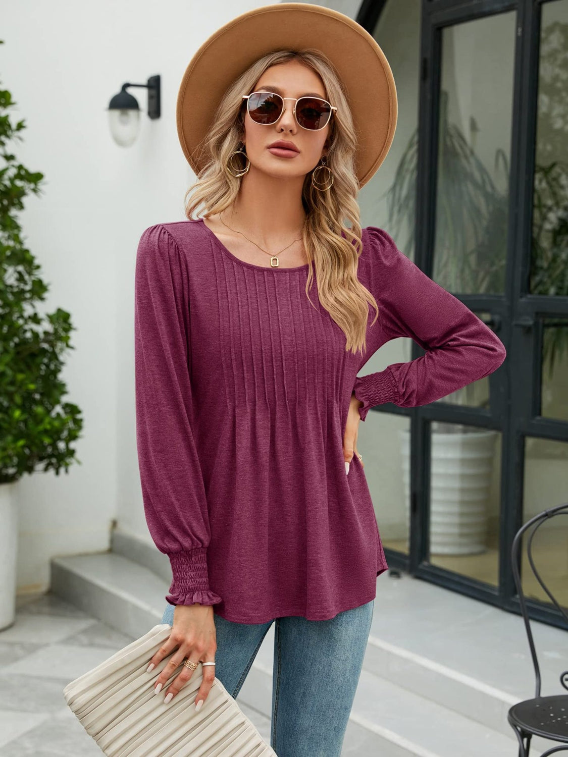 Smocked Round Neck Lantern Sleeve Blouse - Classique Collection