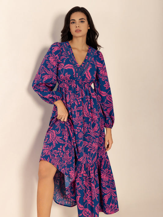 Printed V-Neck Long Sleeve Midi Dress - Classique Collection
