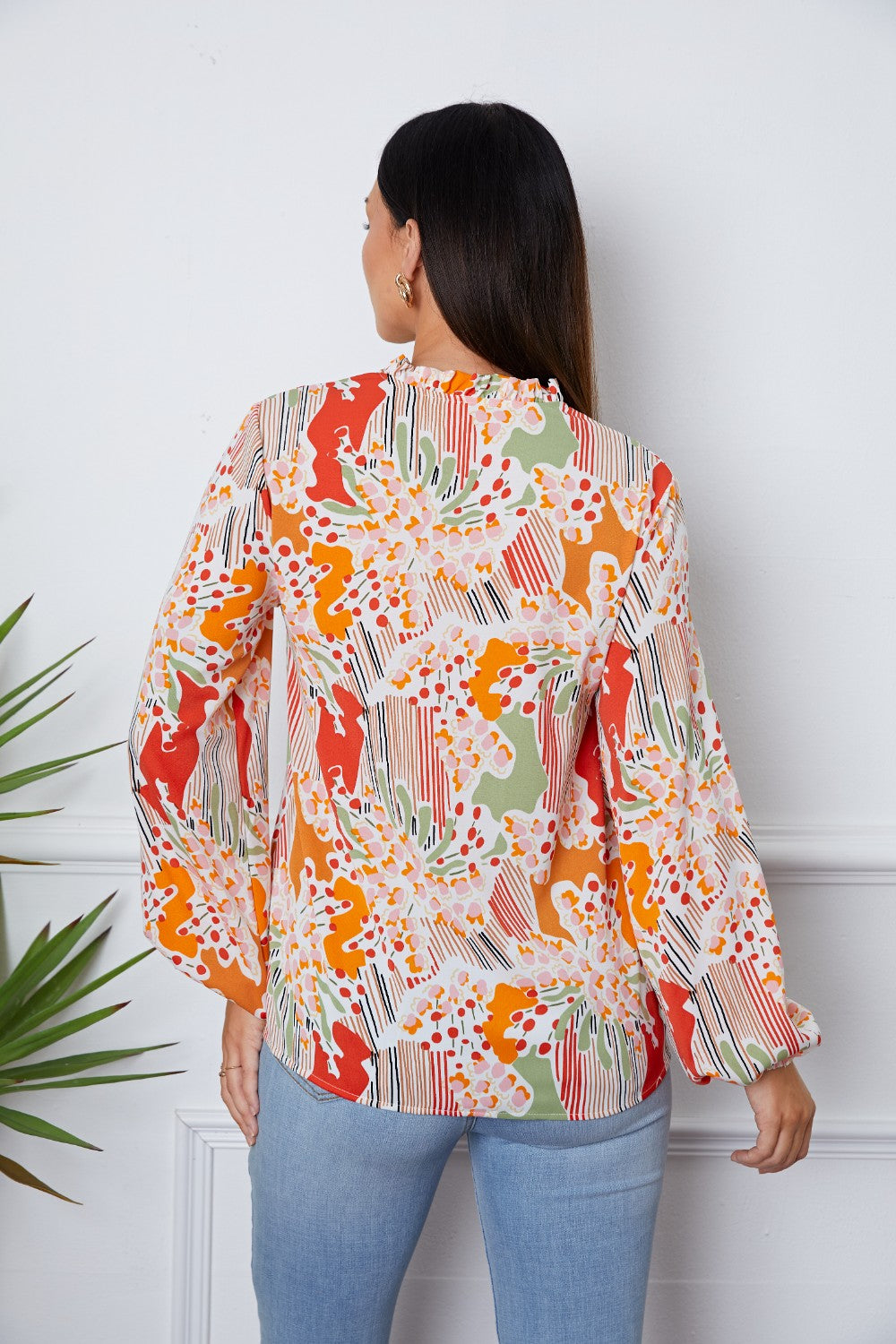 Floral Frill Notched Long Sleeve Blouse - Classique Collection