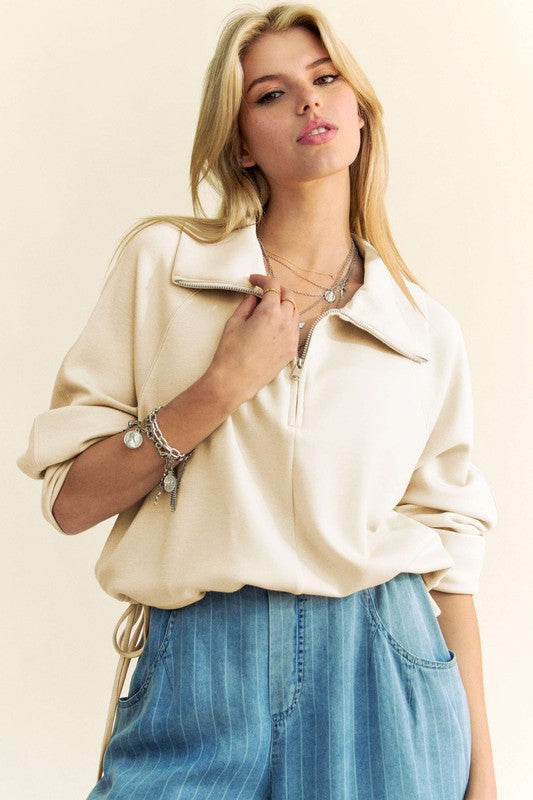 Davi & Dani Drawstring Hem Half Zip Raglan Sleeve Sweatshirt - Classique Collection