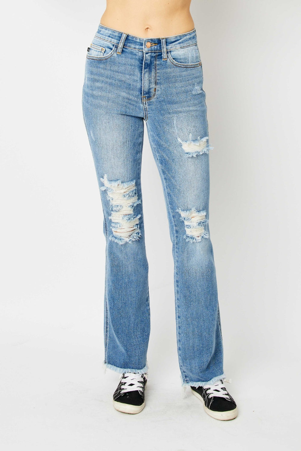 Judy Blue Full Size Distressed Raw Hem Bootcut Jeans - ClassiQ