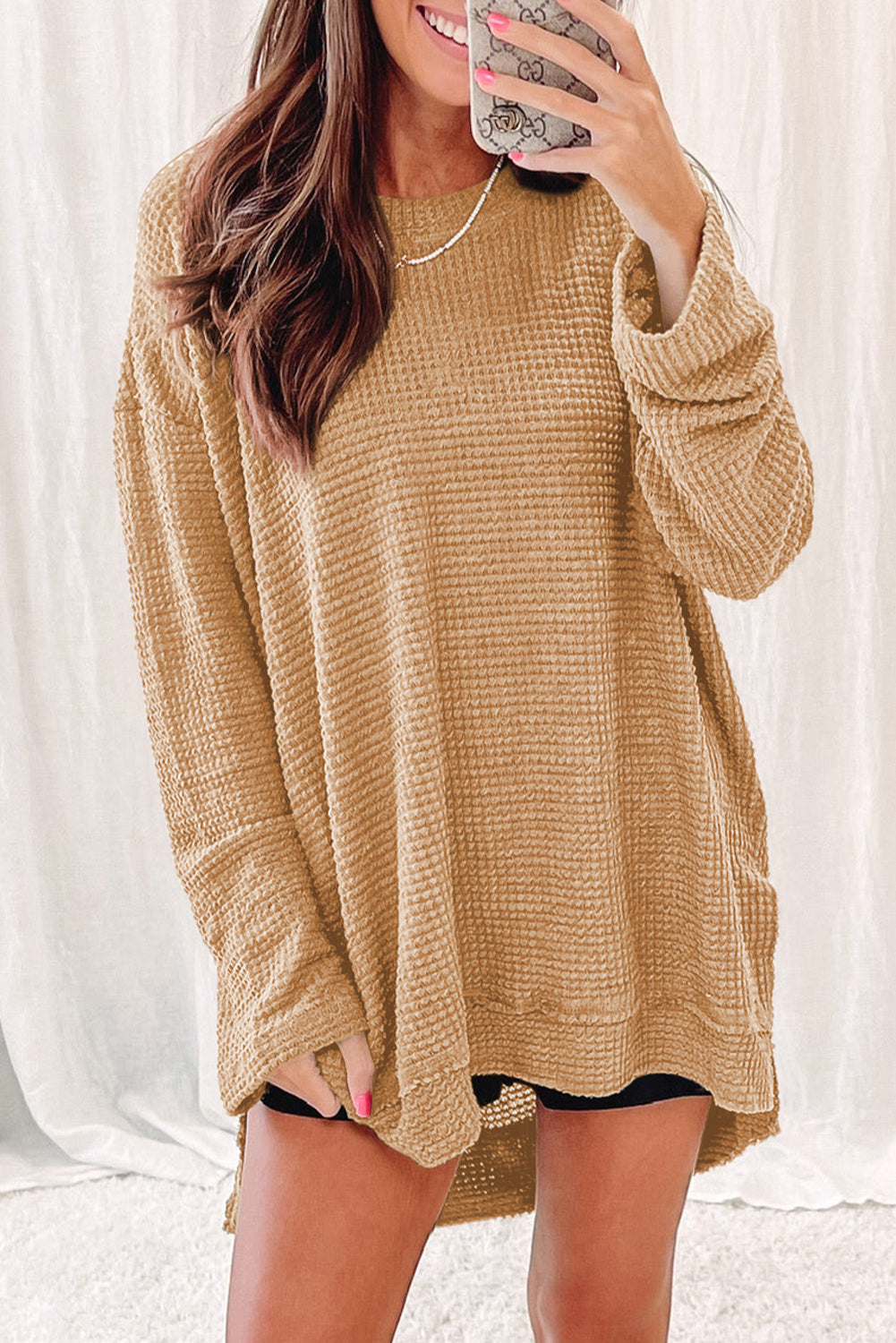 Waffle-Knit Round Neck Long Sleeve Sweatshirt - Classique Collection