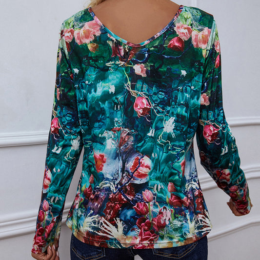 Shiny Printed V-Neck Long Sleeve Blouse - ClassiQ