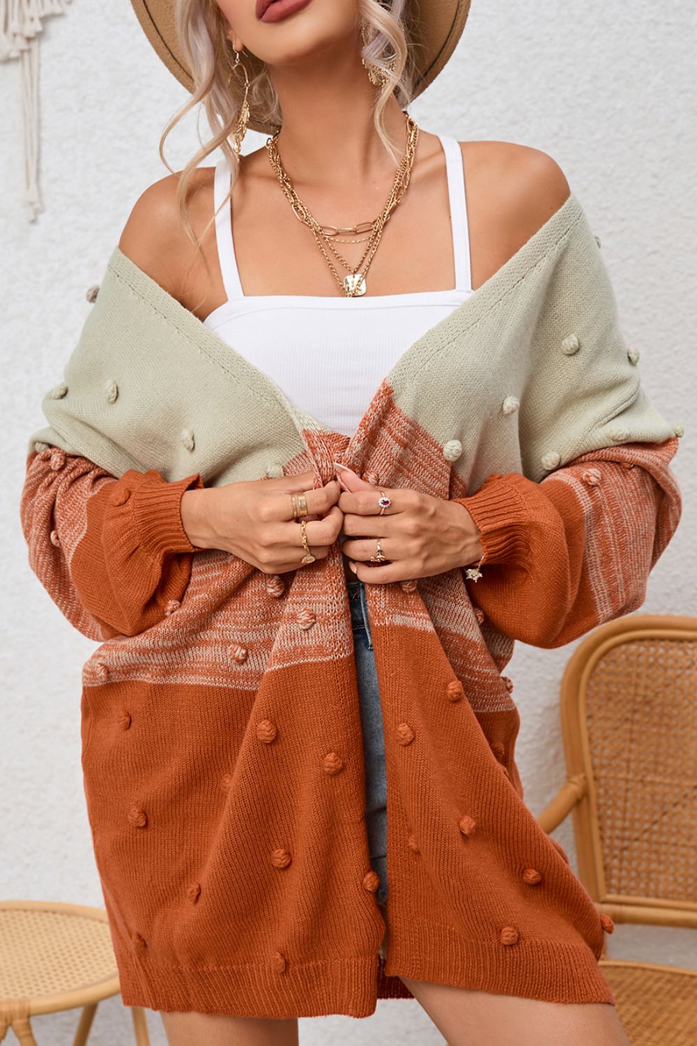 Pompom Color Block Open Front Cardigan - ClassiQ
