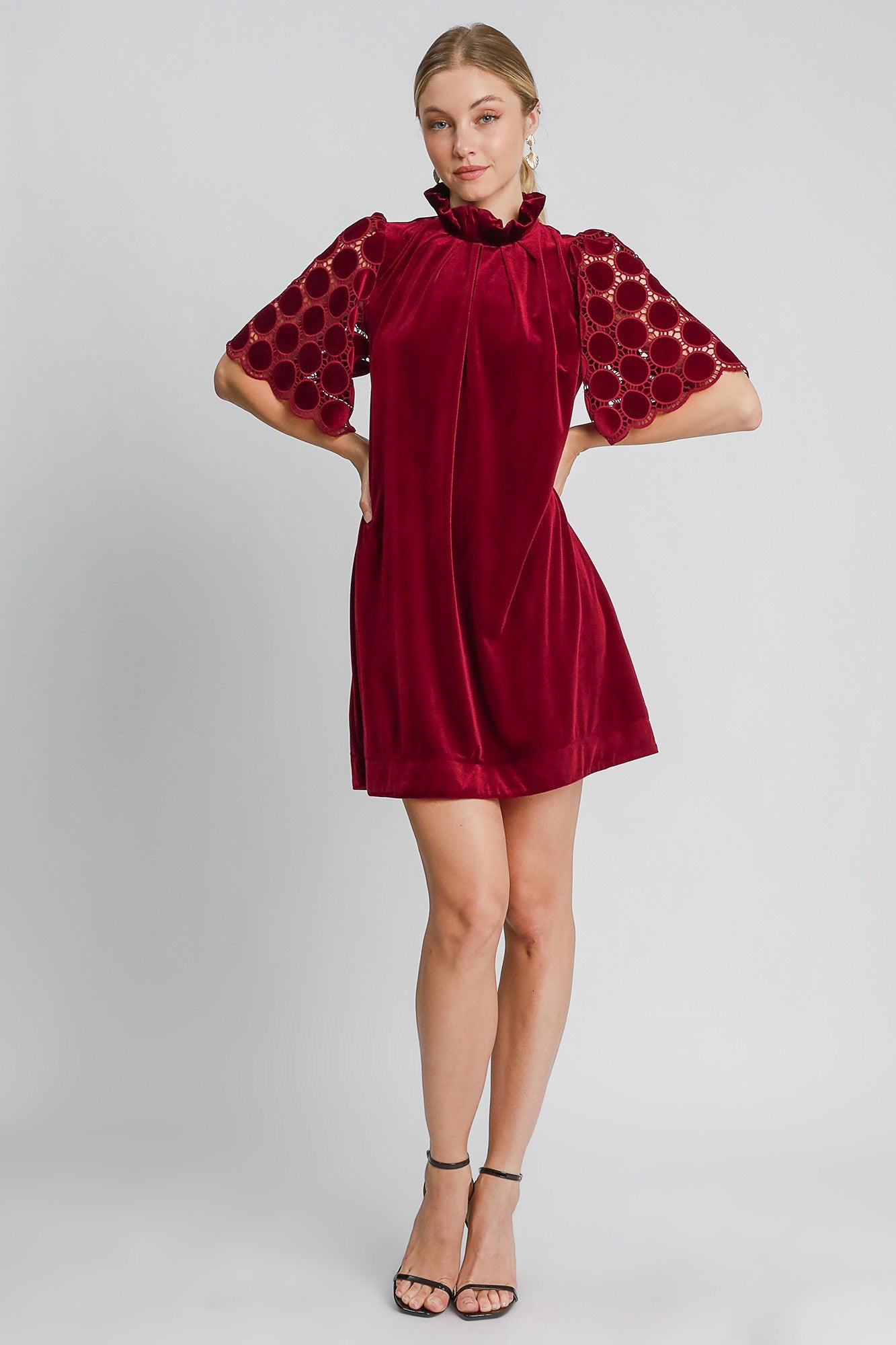 Umgee Dotted Lace Half Sleeve Mock Neck Back Tie Velvet Dress - Classique Collection