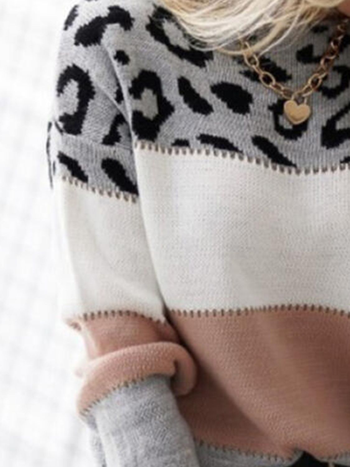 Leopard Color Block Round Neck Long Sleeve Sweater - ClassiQ