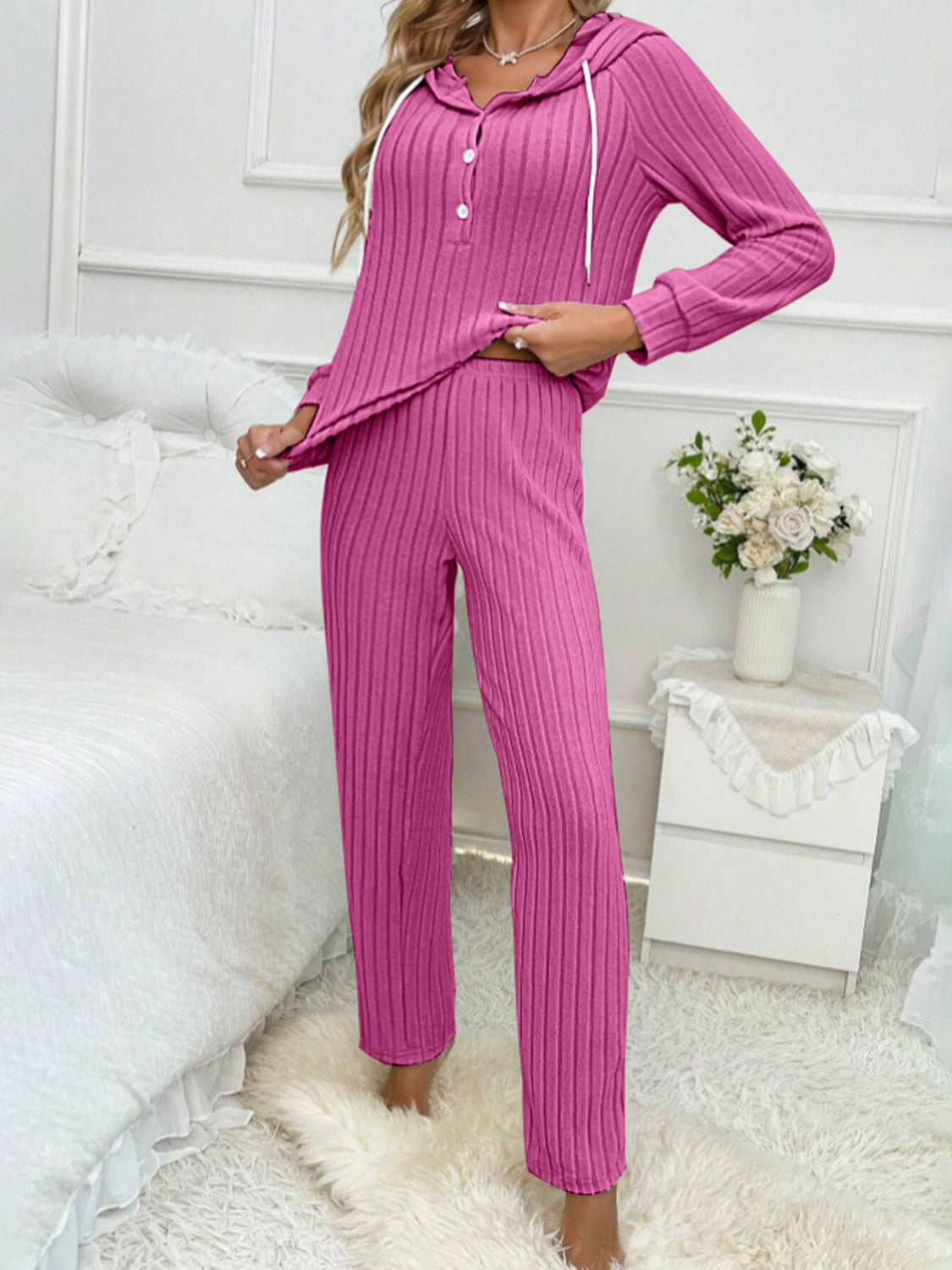 Drawstring Half Button Hooded Top and Ribbed Pants Set - ClassiQ