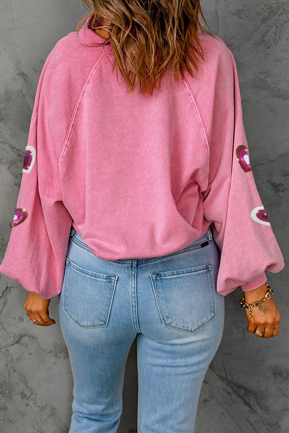 Heart Sequin Half Snap Mineral Wash Sweatshirt - ClassiQ