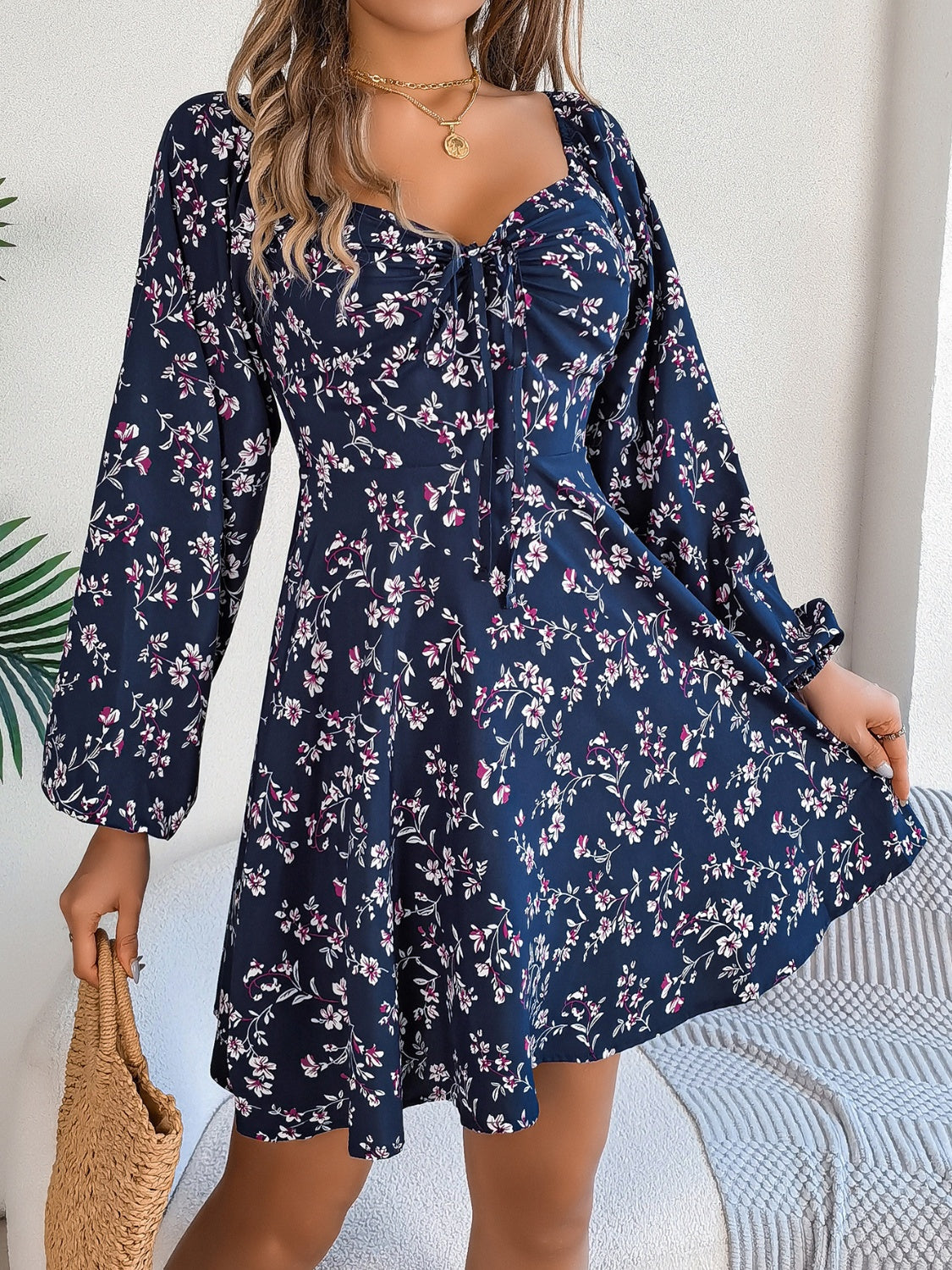 Printed Sweetheart Neck Balloon Sleeve Mini Dress - Classique Collection