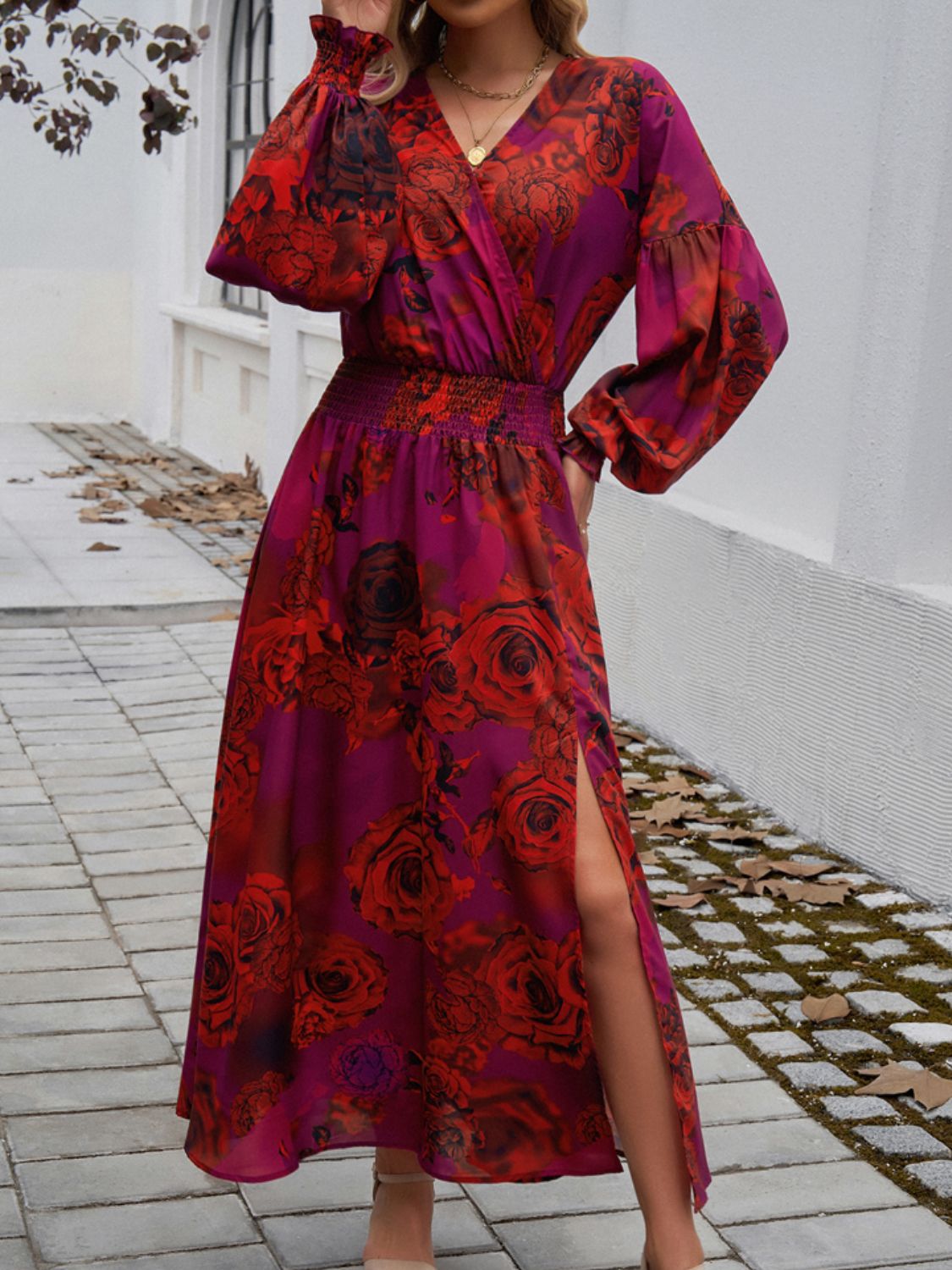 Devine Split Printed Surplice Long Sleeve Midi Dress - Classique Collection