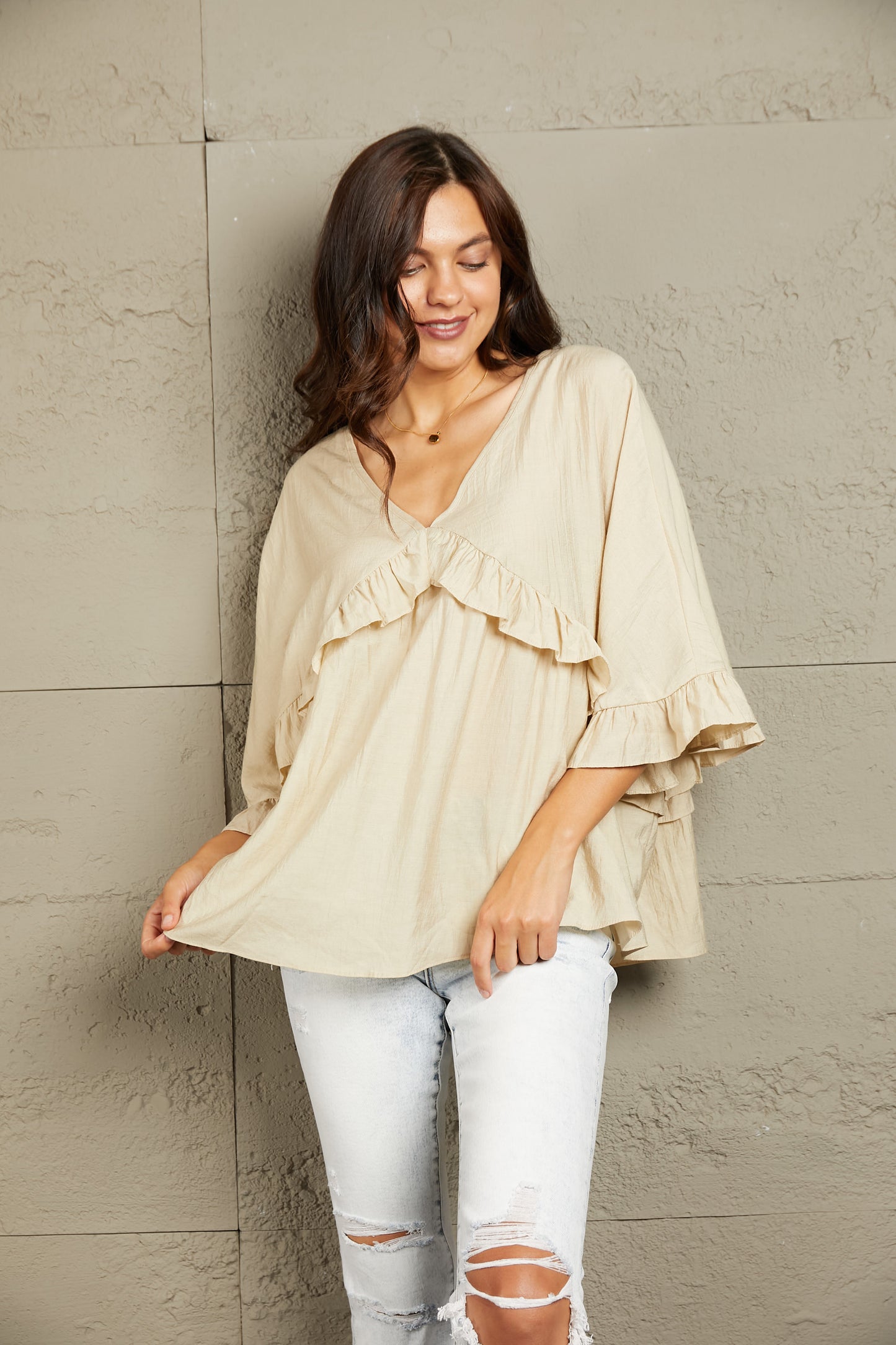 Ruffled V-Neck Half Sleeve Blouse - Classique Collection