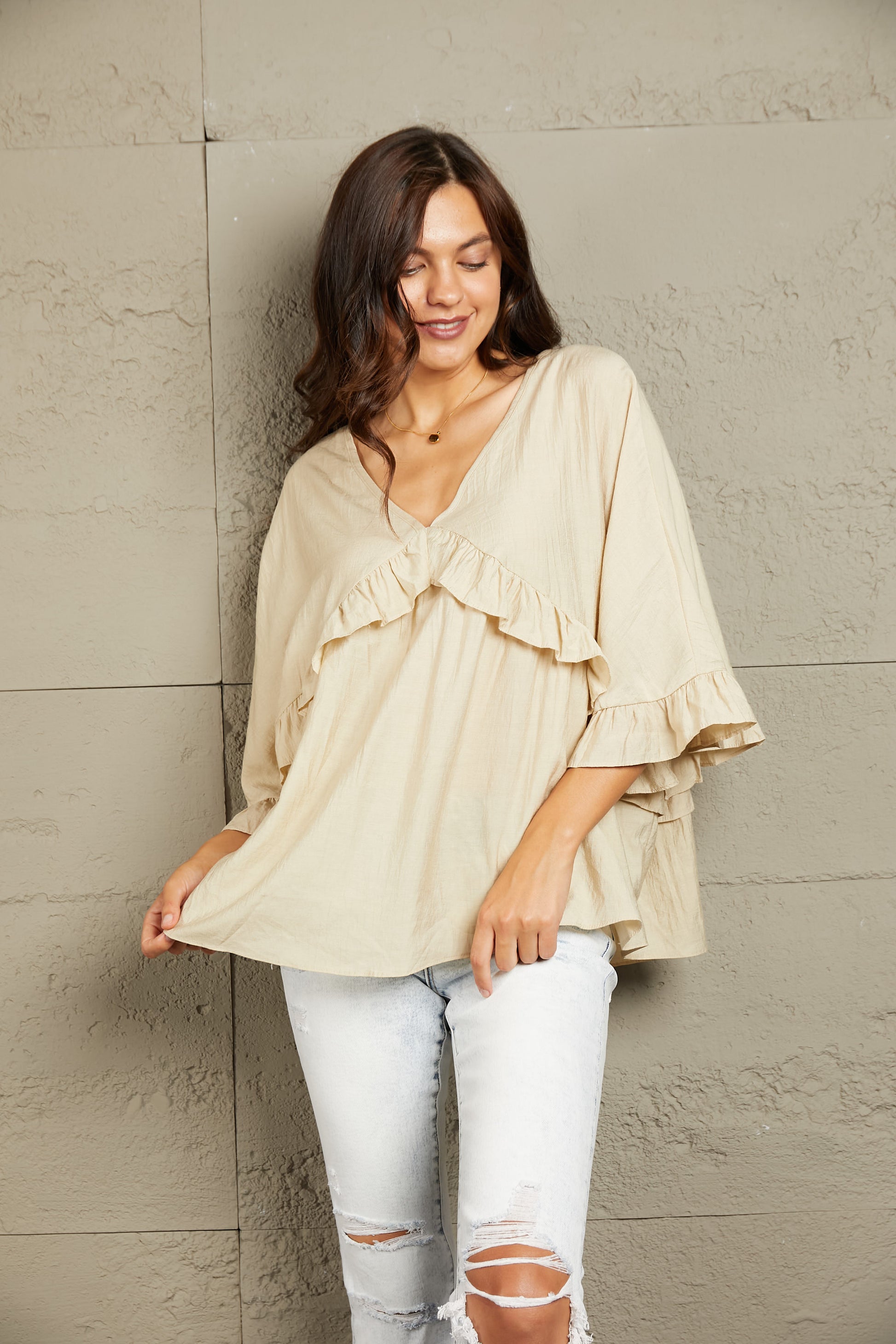 Ruffled V-Neck Half Sleeve Blouse - Classique Collection