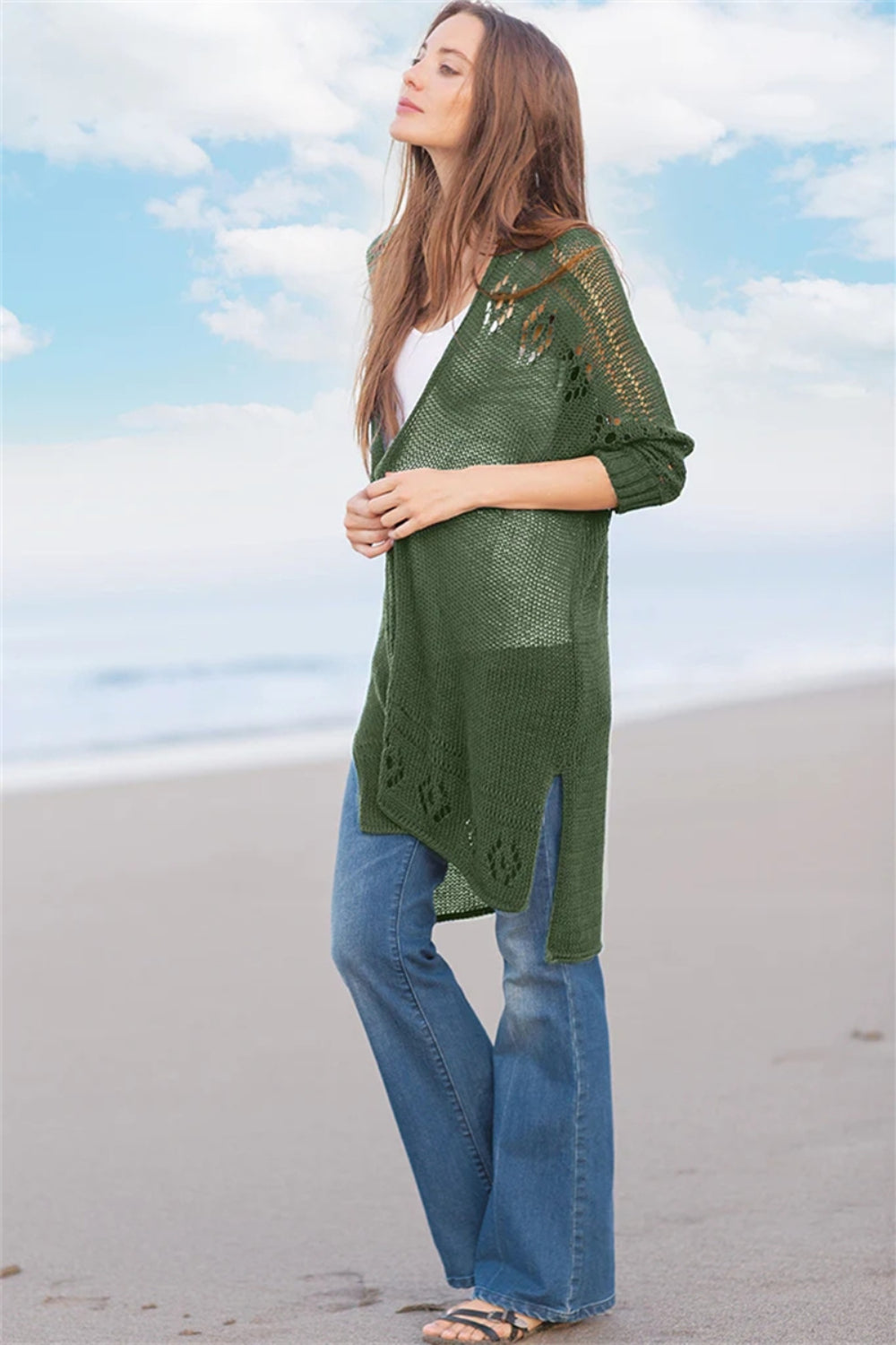 Openwork Side Slit Open Front Long Sleeve Cardigan - Classique Collection