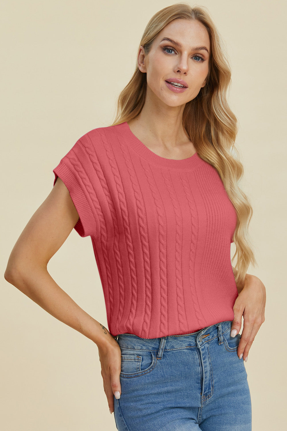 Double Take Full Size Cable-Knit Round Neck Short Sleeve Sweater - ClassiQ