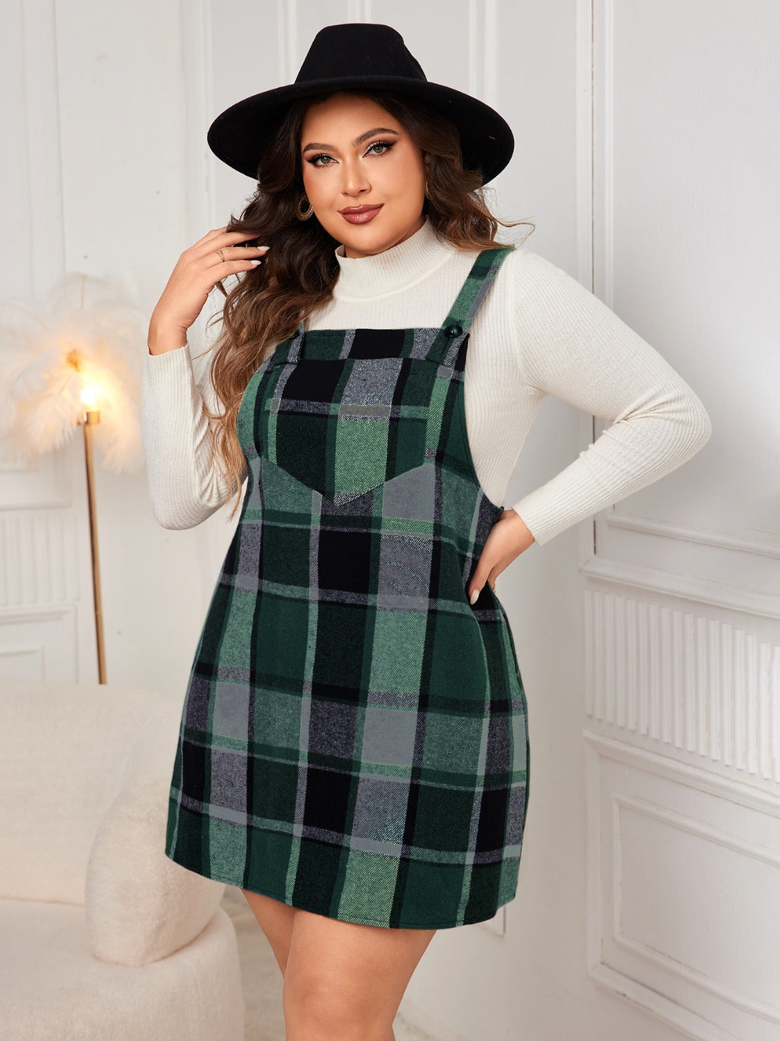 Honey Plus Size Plaid Wide Strap Overall Dress - Classique Collection