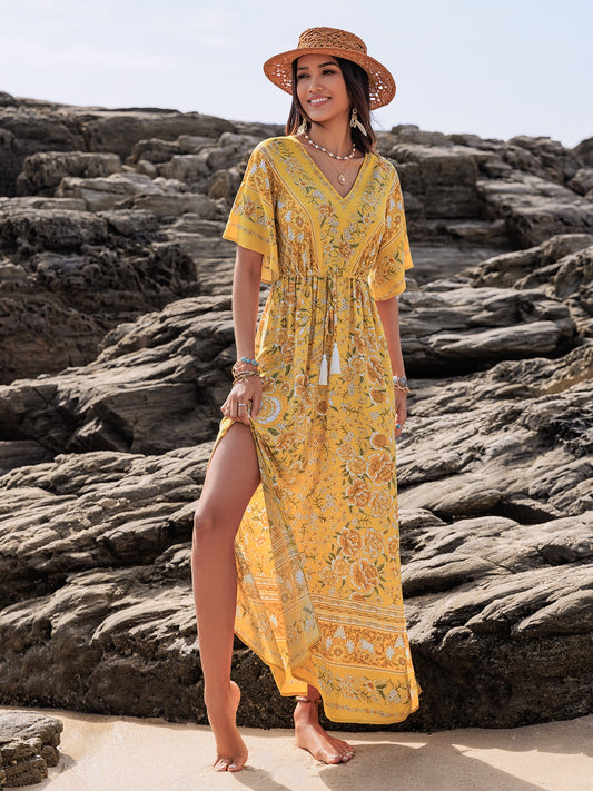 Drawstring Printed Plunge Half Sleeve Dress - Classique Collection