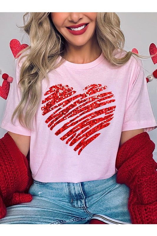 Faux Sequins Scribble Heart Graphic Plus Tee - Classique Collection