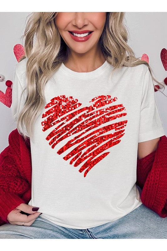 Faux Sequins Scribble Heart Graphic Plus Tee - Classique Collection