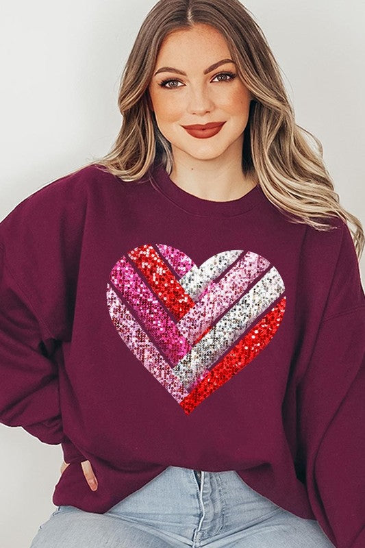 Faux Sequins Striped Heart Graphic Plus Sweatshirt - Classique Collection