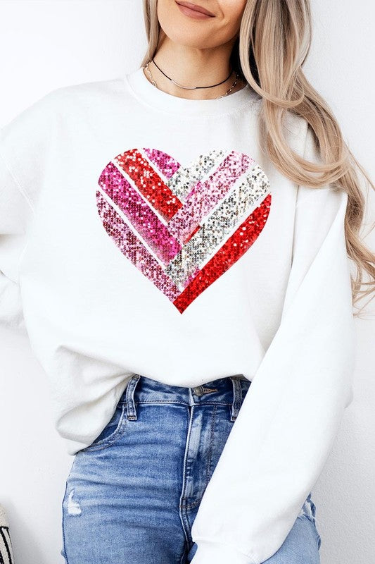 Faux Sequins Striped Heart Graphic Plus Sweatshirt - Classique Collection