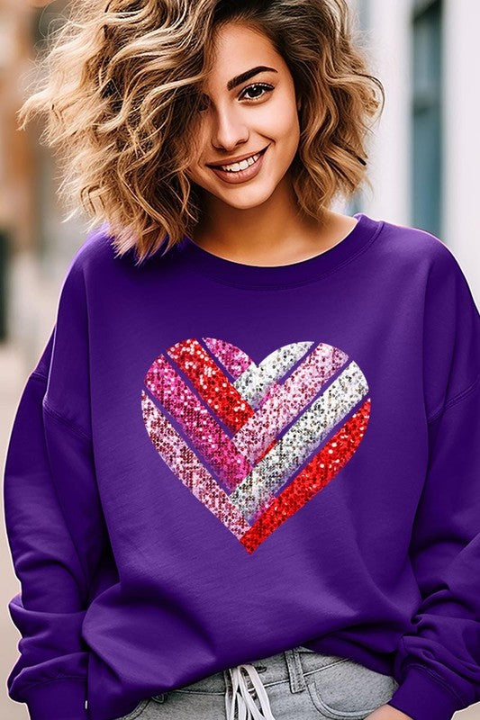 Faux Sequins Striped Heart Graphic Plus Sweatshirt - Classique Collection