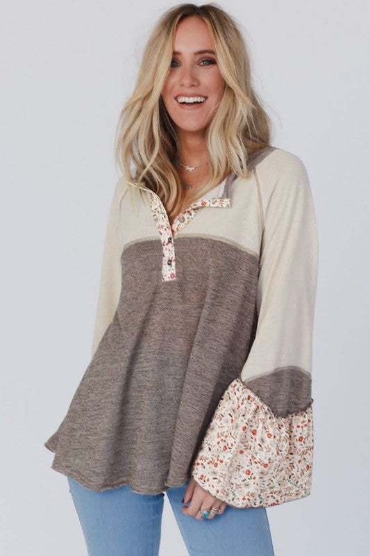 Women Patchwork Flared Sleeve Buttons Sweatshirts - Classique Collection