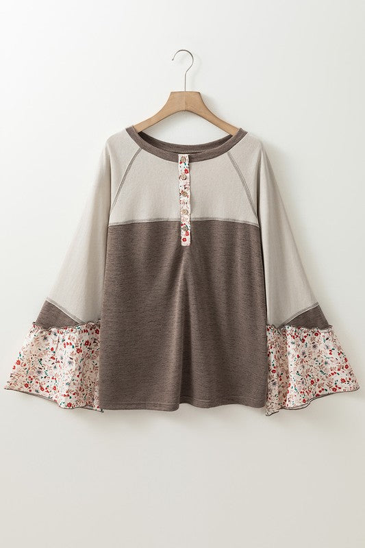 Women Patchwork Flared Sleeve Buttons Sweatshirts - Classique Collection