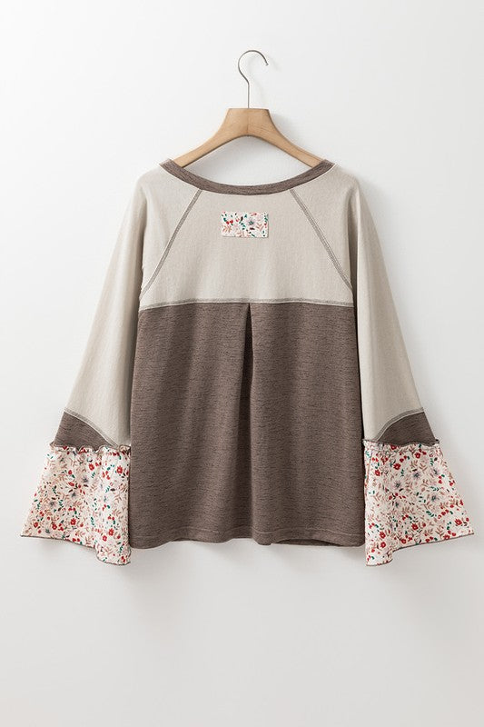 Women Patchwork Flared Sleeve Buttons Sweatshirts - Classique Collection