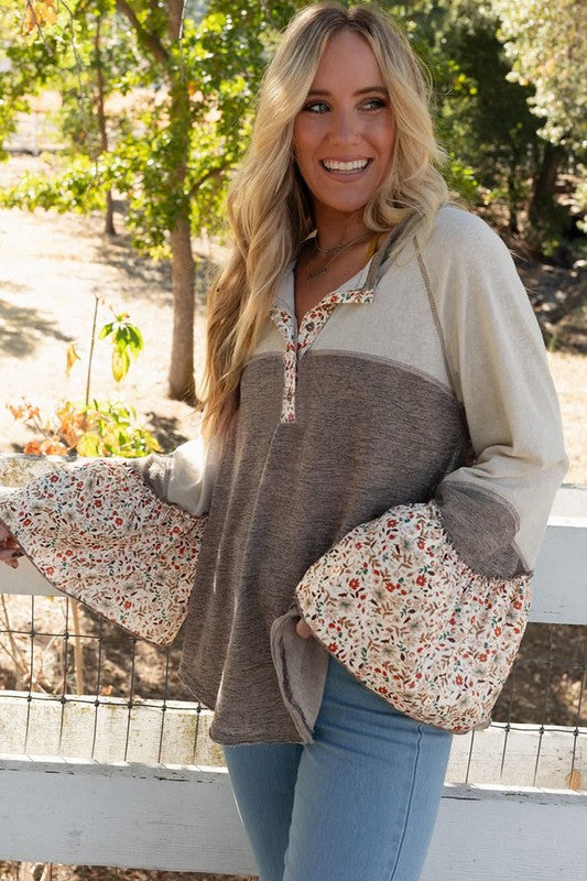 Women Patchwork Flared Sleeve Buttons Sweatshirts - Classique Collection