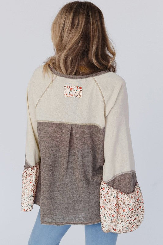 Women Patchwork Flared Sleeve Buttons Sweatshirts - Classique Collection