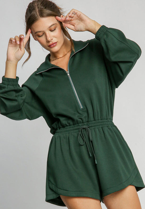 Drawstring Half Zip Long Sleeve Romper - ClassiQ