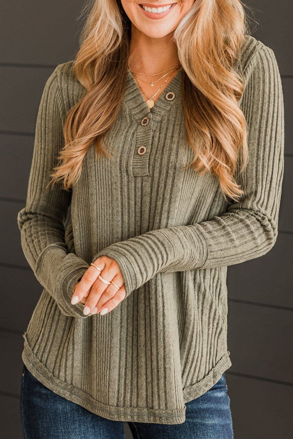 Ribbed Buttoned Long Sleeve Blouse - Classique Collection