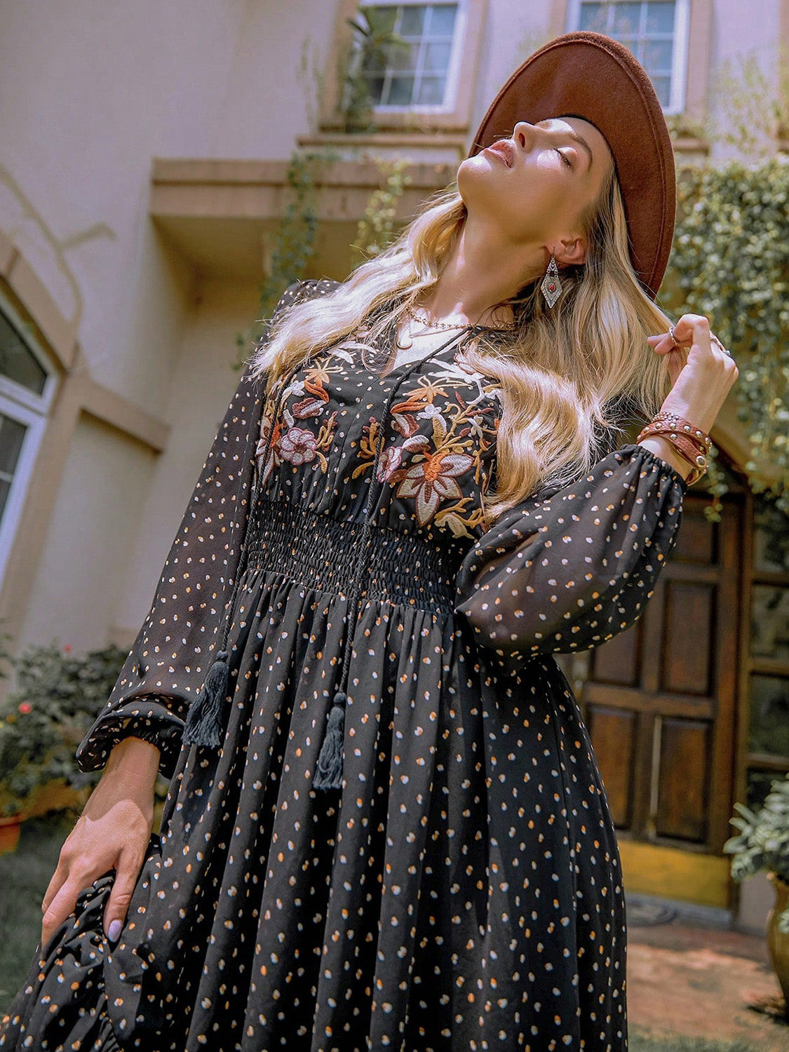 Embroidered Polka Dot Tie Neck Long Sleeve Midi Dress - Classique Collection