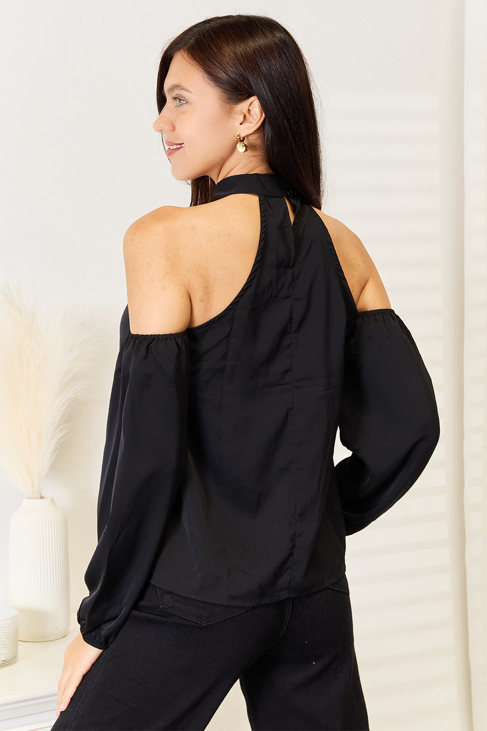 Perfee Grecian Cold Shoulder Long Sleeve Blouse - ClassiQ