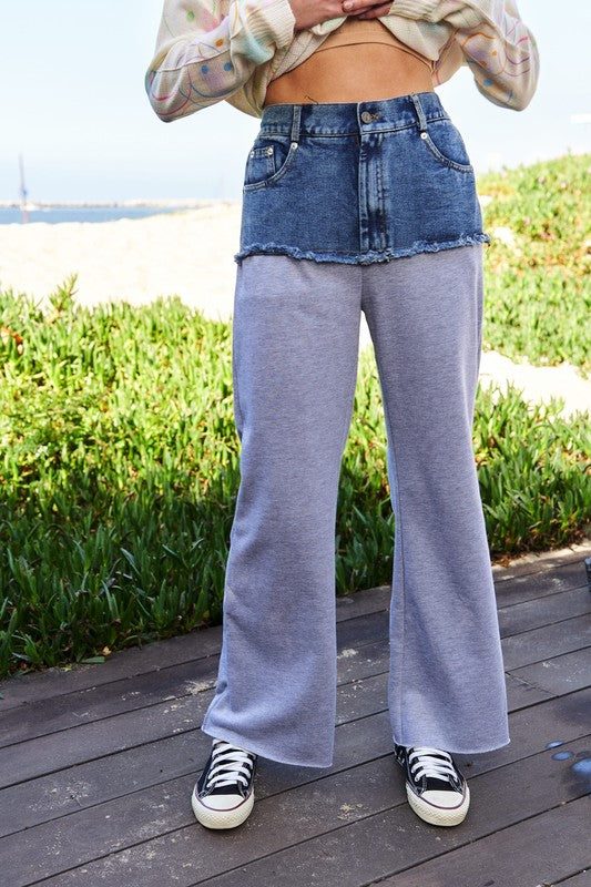 Davi & Dani Raw Hem Denim Patchwork Wide Leg Pants - Classique Collection