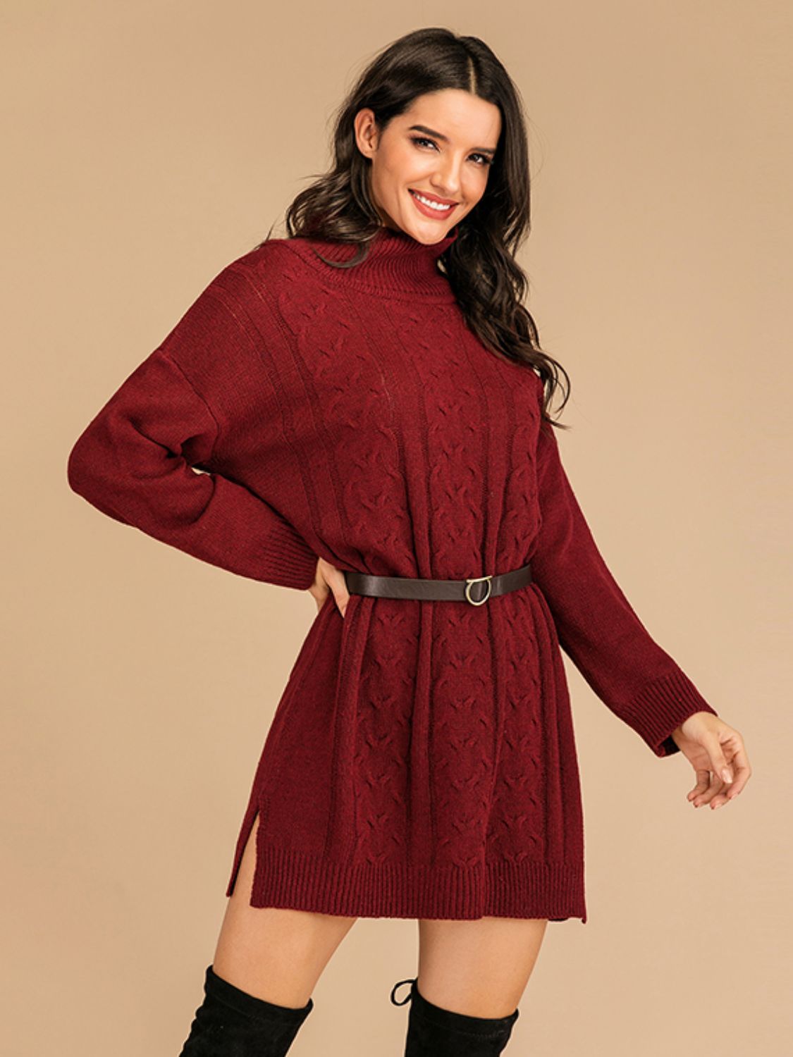 Perfee Slit Turtleneck Long Sleeve Mini Sweater Dress - Classique Collection