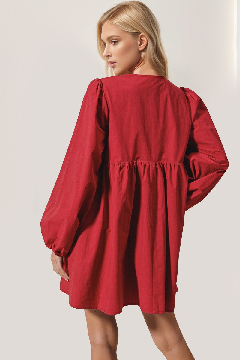 Double Take Christmas Front Tied Long Sleeve Mini Dress - Classique Collection