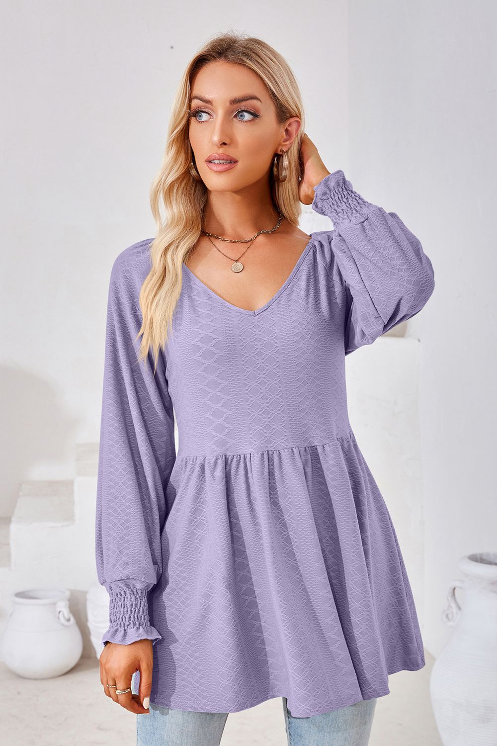 V-Neck Lantern Sleeve Blouse - Classique Collection
