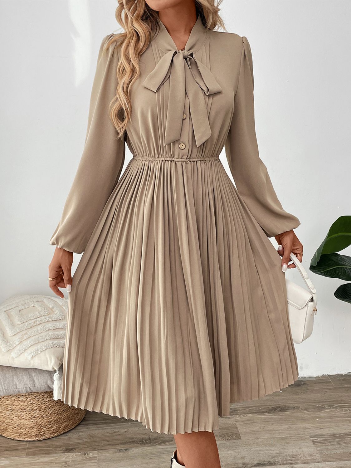 Perfee Pleated Tie Neck Long Sleeve Dress - Classique Collection
