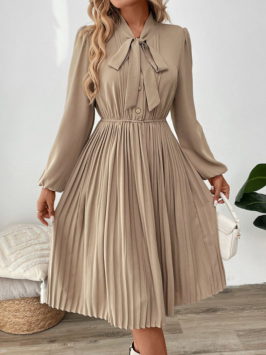 Perfee Pleated Tie Neck Long Sleeve Dress - Classique Collection