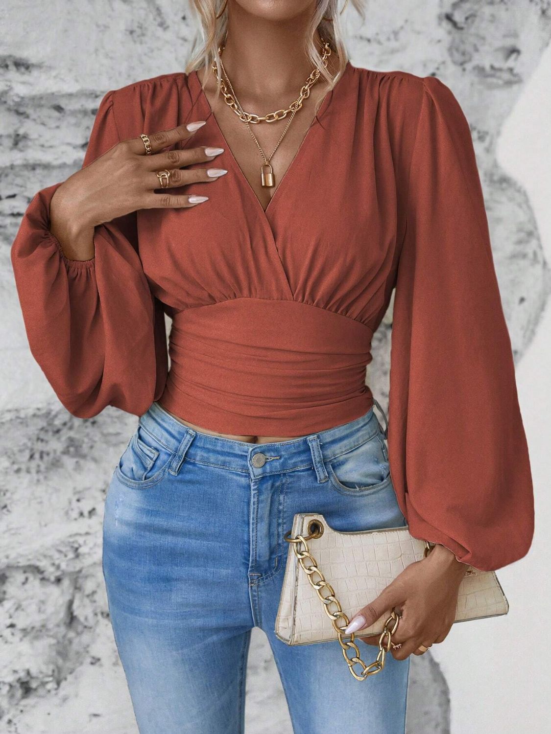 Smocked Surplice Balloon Sleeve Top - Classique Collection