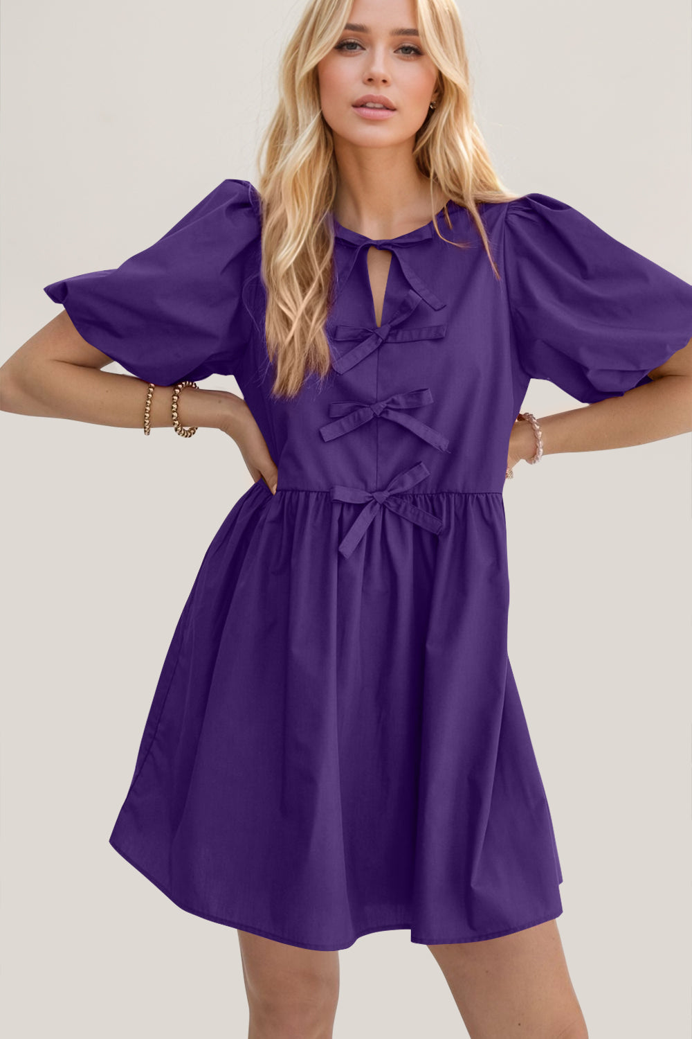 Oh Bow Ruched Puff Sleeve Mini Dress - Classique Collection