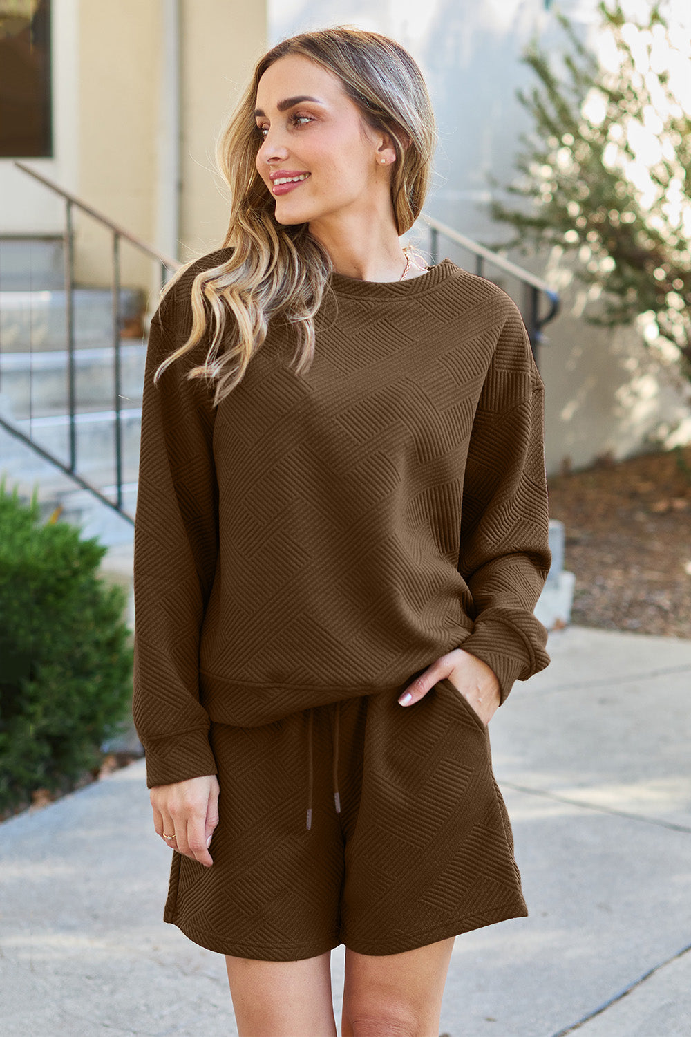 Double Take Full Size Texture Long Sleeve Top and Drawstring Shorts Set - ClassiQ