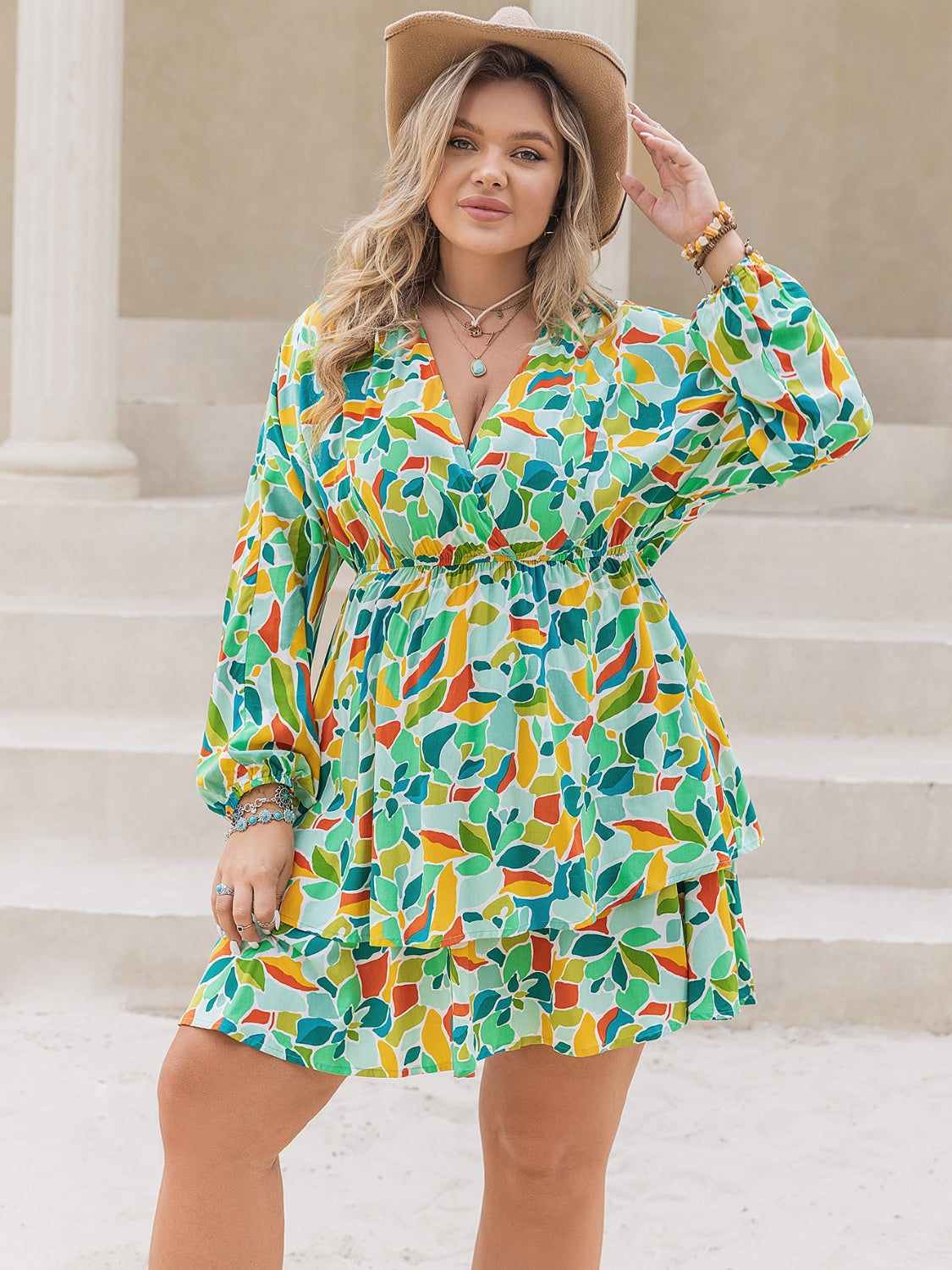 Plus Size Printed Surplice Long Sleeve Mini Dress - Classique Collection