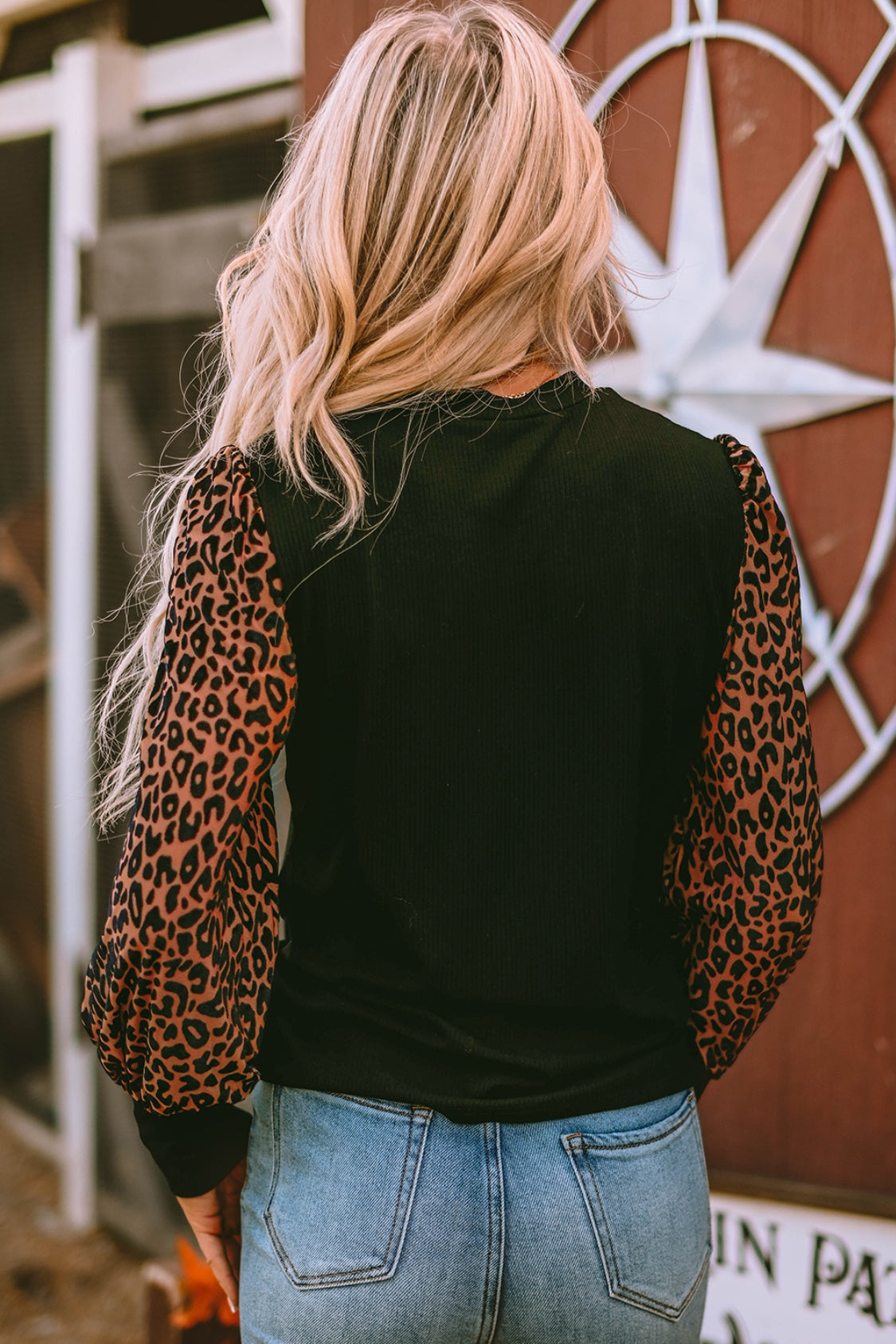 Leopard Print Long Sleeve Ribbed Knit Blouse - Classique Collection