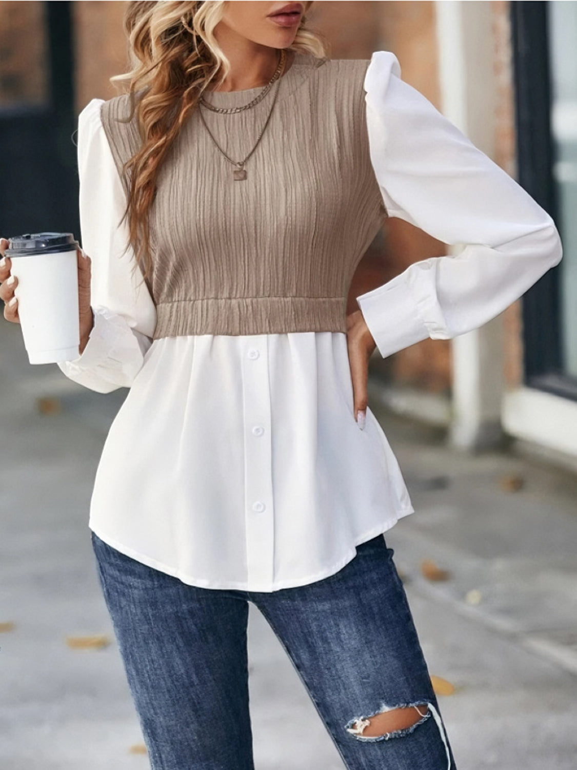 Contrast Round Neck Puff Sleeve Blouse - Classique Collection