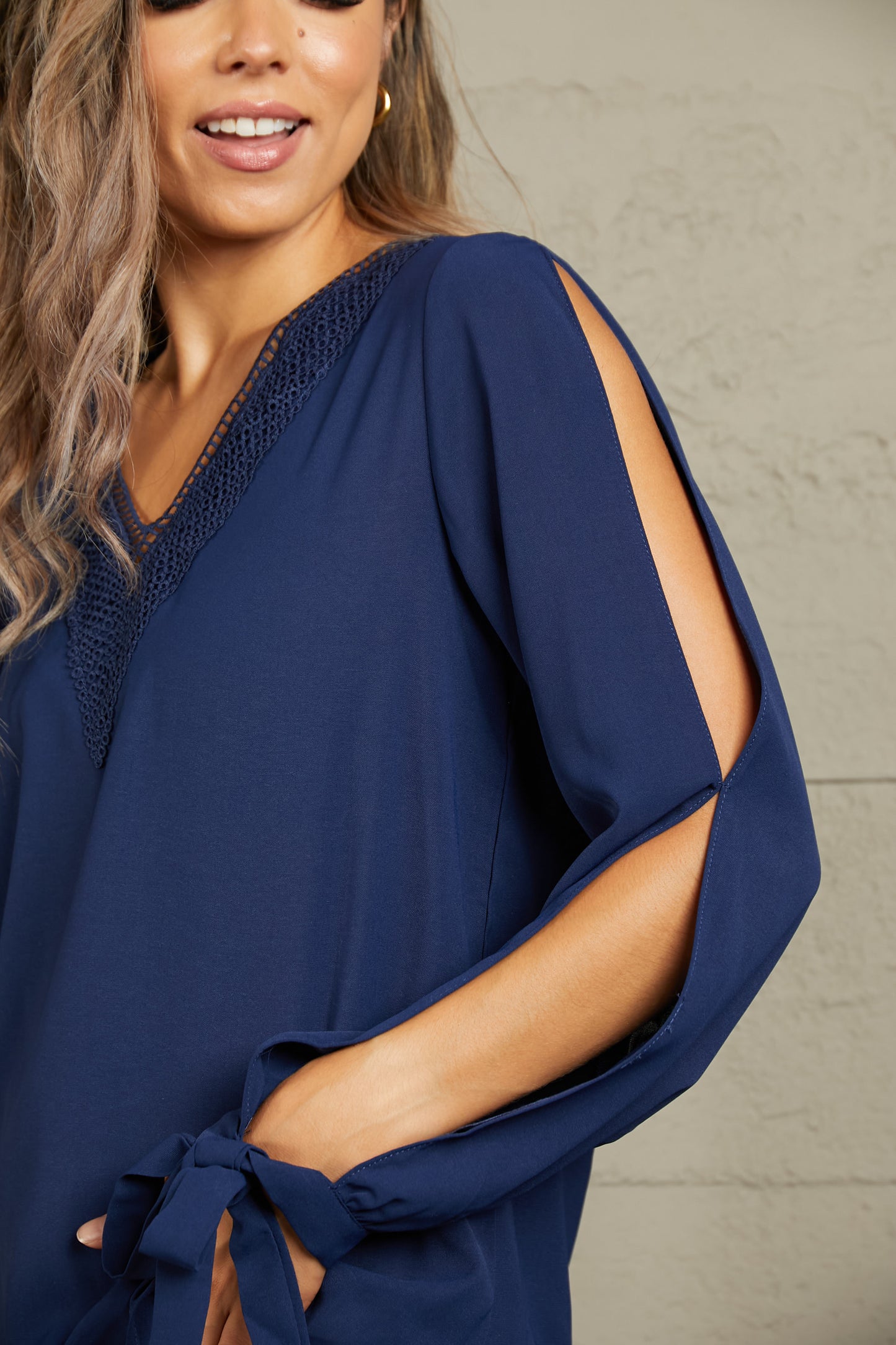 Perfee V-Neck Tie Cuff Slit Blouse - Classique Collection