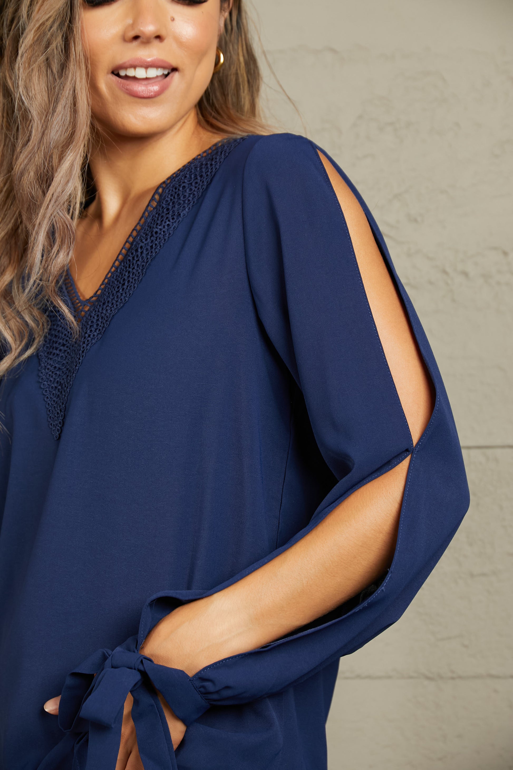 Perfee V-Neck Tie Cuff Slit Blouse - Classique Collection